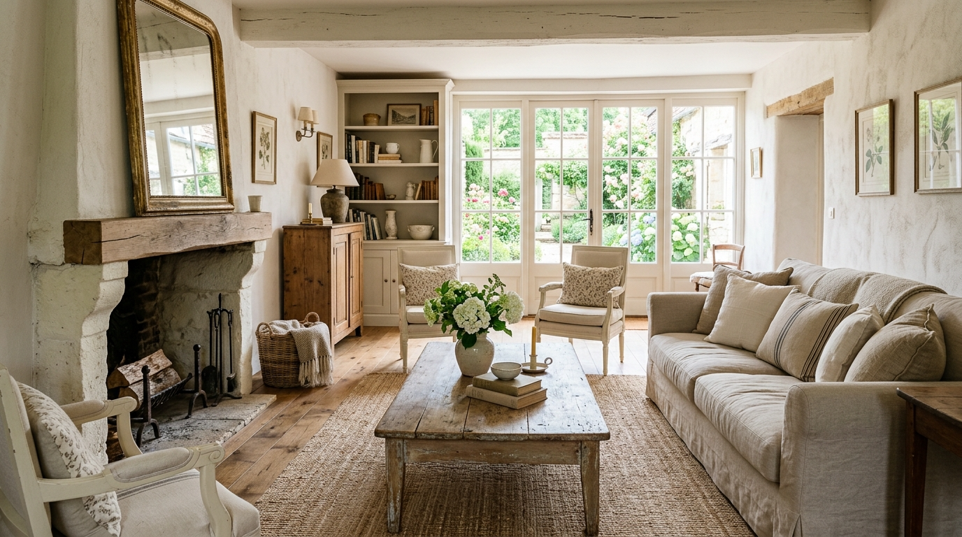 A bright French country living room with warm, rustic elegance.